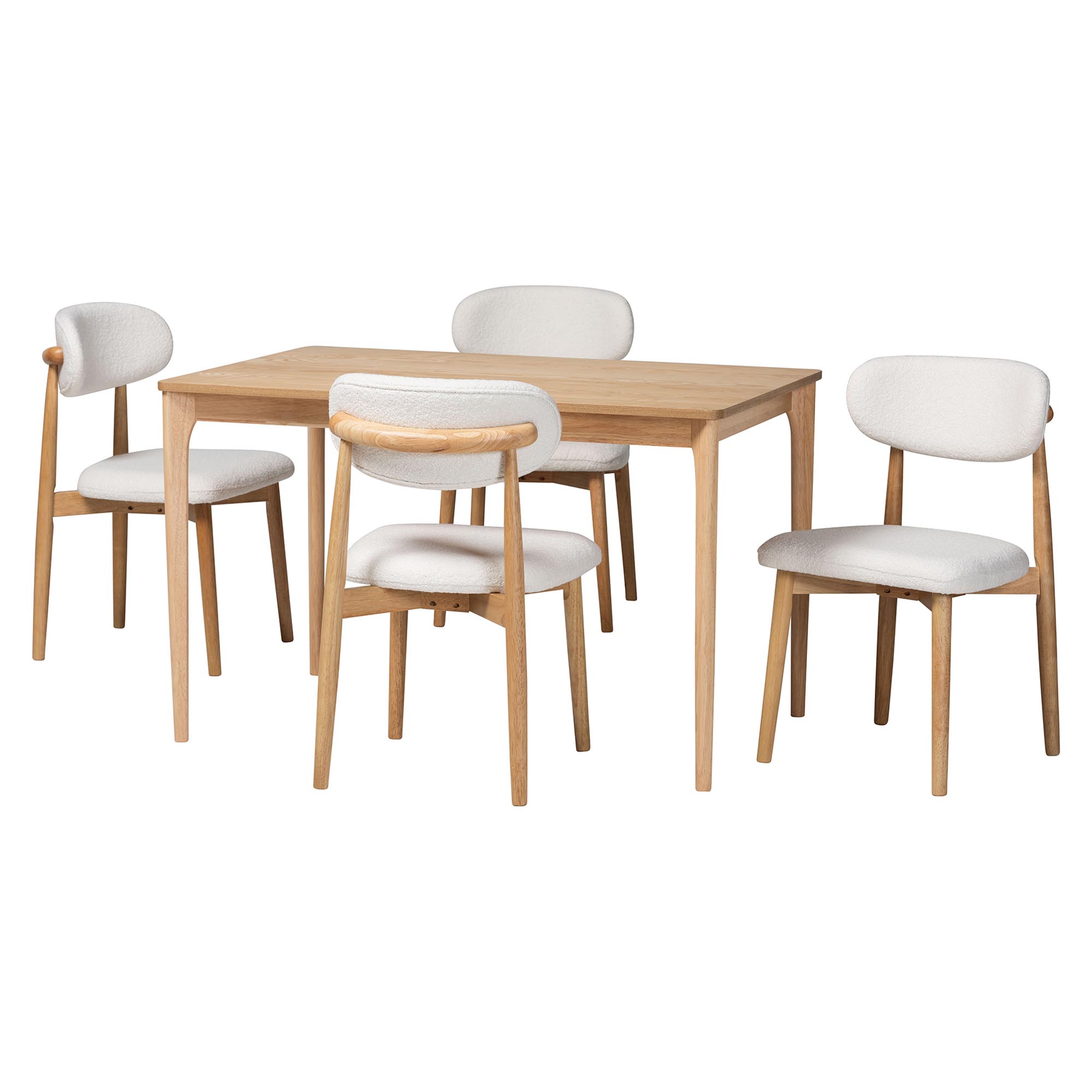 Baxton Studio Wattsu 5-Piece Dining Set - Solid Wood Rectangular Table with Boucle Upholstered Chairs, Mid-Century Modern Dining Furniture for Kitchen or Dining Room, Natural and White